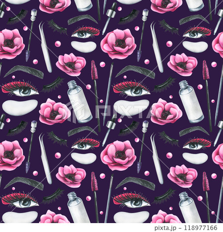 Cosmetics and brushes for eyes and eyebrows, tubes with pink anemone flowers. Watercolor illustration hand drawn. Seamless pattern on a dark purple background. For eyelash extension and lamination 118977166