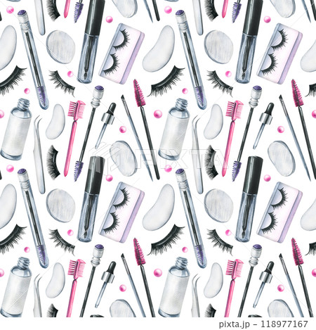 Decorative and personal care cosmetics in black and pink, jars, brushes, smears. Hand drawn watercolor illustration. Seamless pattern on a white background for the beauty industry, design. Decorative and personal care cosmetics in black and pink, jars, brushes, smears. Hand drawn watercolor illustration. Seamless pattern on a white background for the beauty industry, design. 118977167