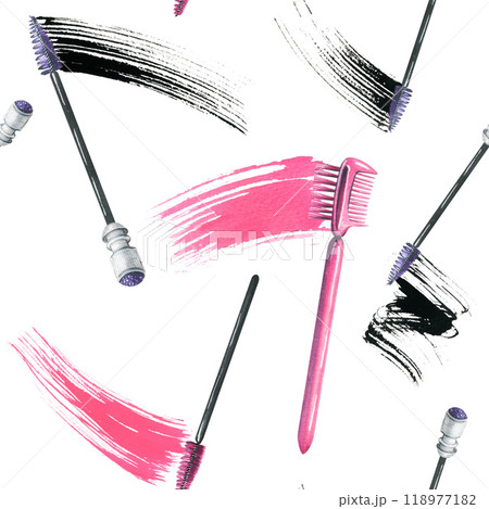 Brushes for combing eyelashes and eyebrows with a smear of black and pink paint, mascara. Watercolor illustration, hand drawn. Seamless pattern on a white background 118977182