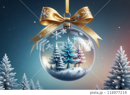 New Year's festive ball in the snow, isolated on a blue background. New Year card 118977219