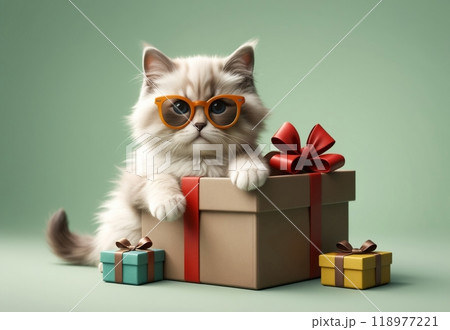 funny fluffy happy cute fat ragdoll kitten wearing sunglasses holding big gift box with bow 118977221