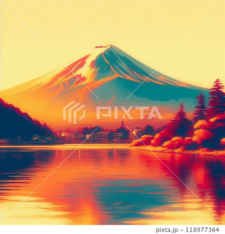 朝焼けの山中湖と富士山 118977364