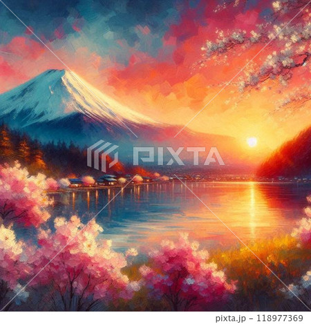 河口湖に映る逆さ紅の花 118977369