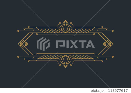 Art deco frames, golden elegant antique borders, decorative game buttons or labels isolated on dark background 118977617