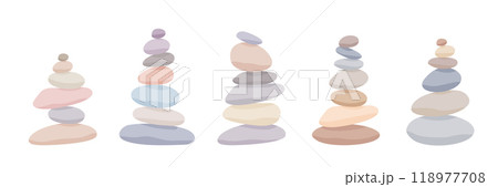 Balance stone pyramid collection. Pebble harmony tower in pastel colors. Zen, meditation, relaxing or tranquility vector concept set isolated on white background 118977708