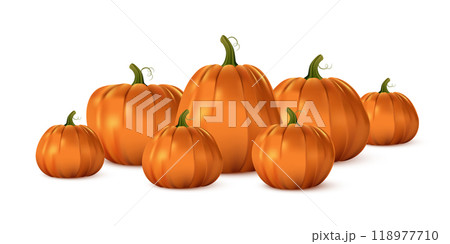 Halloween orange pumpkin set. Isolated traditional realistic food. October holiday decoration vector illustration. Autumn spooky decor for fun and celebration. Nature harvest in row Halloween orange pumpkin set. Isolated traditional realistic food. October holiday decoration vector illustration. Autumn spooky decor for fun and celebration. Nature harvest in row 118977710