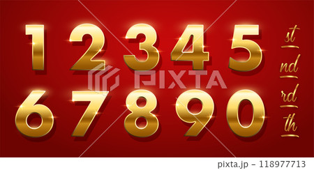 Birthday golden numbers and ending of the words isolated on red background.. Set of gold yellow isolated numbers. Bright metallic 3D, realistic vector design elements Birthday golden numbers and ending of the words isolated on red background.. Set of gold yellow isolated numbers. Bright metallic 3D, realistic vector design elements 118977713