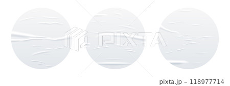 Glued white circle paper sheets set. Vector isolated realistic crumpled posters bundle. Wet greased wrinkles blank template texture. Empty advertising column mockup for creative design Glued white circle paper sheets set. Vector isolated realistic crumpled posters bundle. Wet greased wrinkles blank template texture. Empty advertising column mockup for creative design 118977714