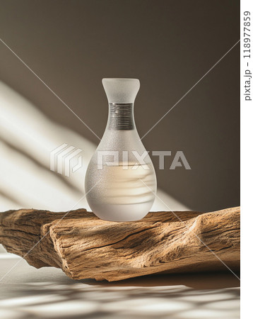 A frosted glass bottle perfume, placed on a piece of oak base. Sandblasted surface. A frosted glass bottle perfume, placed on a piece of oak base. Sandblasted surface. 118977859