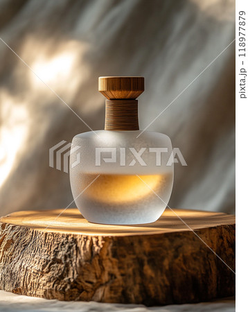 A frosted glass bottle perfume, placed on a piece of oak base. Sandblasted surface. A frosted glass bottle perfume, placed on a piece of oak base. Sandblasted surface. 118977879