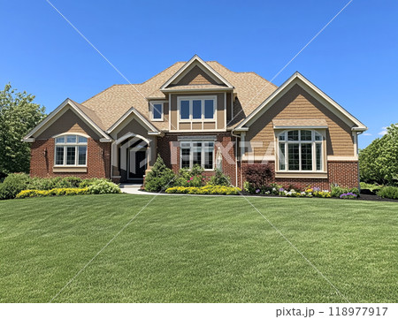 A beautiful home with a large front yard and blue sky in the background, representing the high-end residential real estate market of North America.  118977917