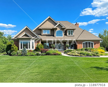 A beautiful home with a large front yard and blue sky in the background, representing the high-end residential real estate market of North America.  118977918