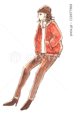 ニット帽を被って赤いジャケットを着ている女性のイラスト 118977968