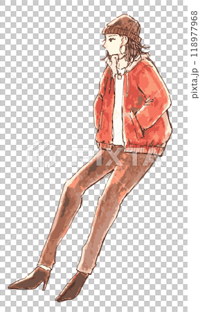 一個戴著針織帽子和紅色夾克的女人的插圖 118977968