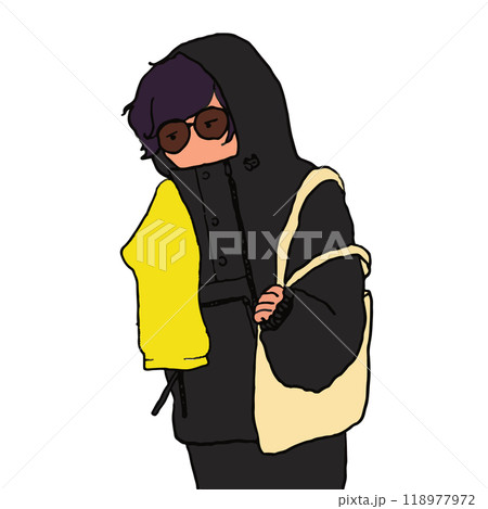 肩にタオルをかけてトートバッグを持ち歩くサングラスの人物イラスト 肩にタオルをかけてトートバッグを持ち歩くサングラスの人物イラスト 118977972