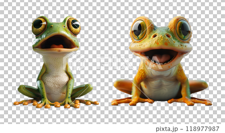Surprised frogs sitting calmly with wide-open eyes and mouth, showcasing vibrant green and orange colors on transparent 118977987