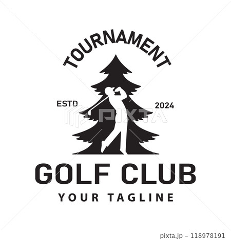 Illustration shows a Silhouette of a man posing with a Pine Tree and a golf club. Illustration shows a Silhouette of a man posing with a Pine Tree and a golf club. 118978191