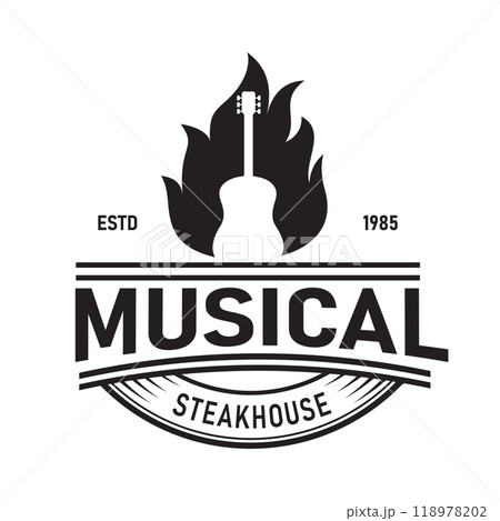 Fire Flame with Guitar Musical Instrument for Restaurant Label Logo Design Vintage Retro Steak house Bar Night Club Pub 118978202