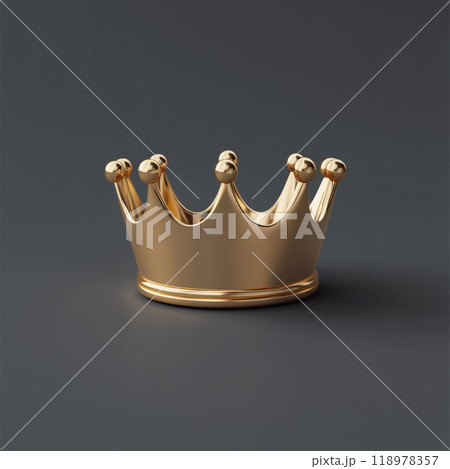 3D rendering of a simple design golden crown icon on a dark grey background.  118978357