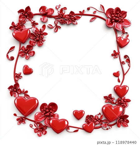 3D red Valentine's Day frame with flowers and hearts on a white background and no shadows.  118978440
