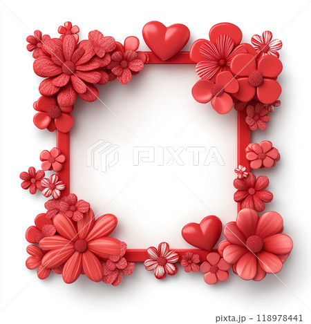 3D red Valentine's Day frame with flowers and hearts on a white background and no shadows.  118978441