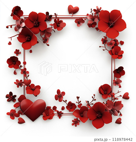 3D red Valentine's Day frame with flowers and hearts on a white background and no shadows.  118978442