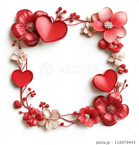 3D red Valentine's Day frame with flowers and hearts on a white background and no shadows.  118978443