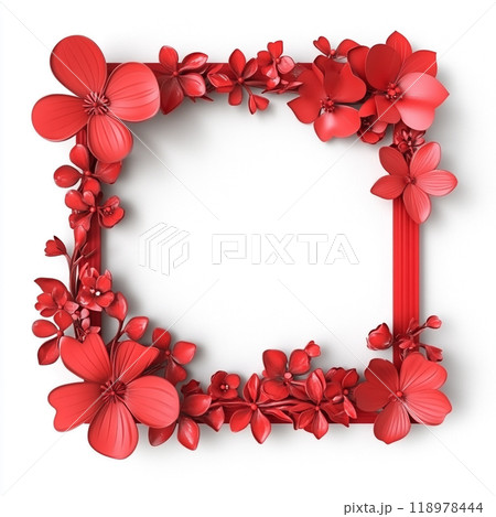 3D red Valentine's Day frame with flowers and hearts on a white background and no shadows.  118978444