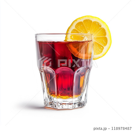 Red Turkish tea in a traditional glass, isolated on a white background.  118978487