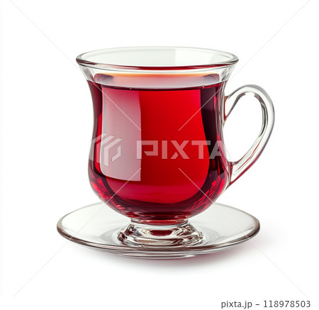 Red Turkish tea in a traditional glass, isolated on a white background.  118978503