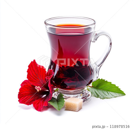 Red Turkish tea in a traditional glass, isolated on a white background. Red Turkish tea in a traditional glass, isolated on a white background. 118978516