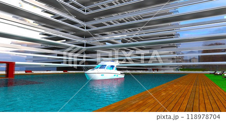 A light motor yacht is anchored in the docking area of an upscale residential complex, waiting for departure. 3D rendering. 118978704