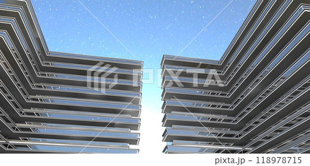 Bright full moon between the buildings of an advanced residential complex with elongated glass balconies. 3D rendering. 118978715