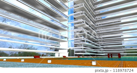 Exterior of a prestigious residential complex. View from the courtyard below. Benches surround the pool. 3D rendering. 118978724
