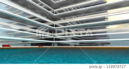 Inner corner of a glass-faceted advanced office center with an azure pool on the premises. 3D rendering. 118978727