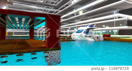 Mooring spot at the dock of an upscale home in San Francisco. Night view from the water. A white motorboat is waiting for its owner. 3D rendering. Mooring spot at the dock of an upscale home in San Francisco. Night view from the water. A white motorboat is waiting for its owner. 3D rendering. 118978729