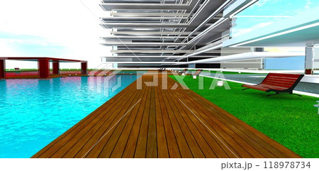Perspective view. Wooden deck along an azure pool within the grounds of a modern residential complex. 3D rendering. 118978734
