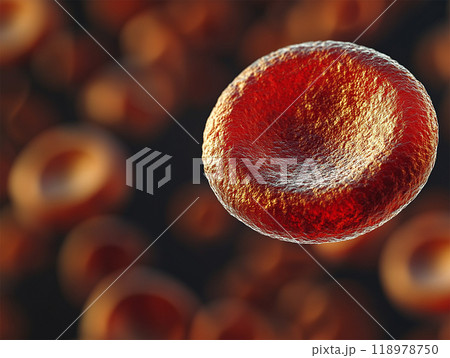 Red blood cell floating in a soft, blurred background. The vibrant, red cell stands out sharply with its smooth 118978750