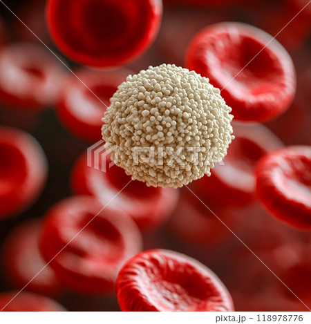 A white blood cell with a granular surface surrounded by many smooth red blood cells. 118978776