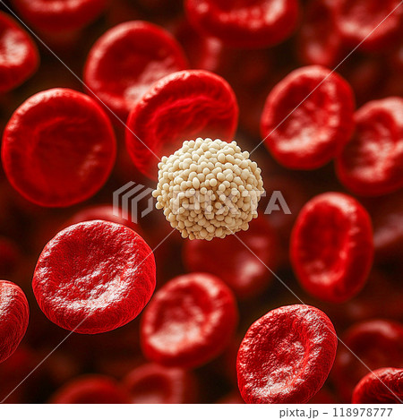 A white blood cell with a granular surface surrounded by many smooth red blood cells. 118978777