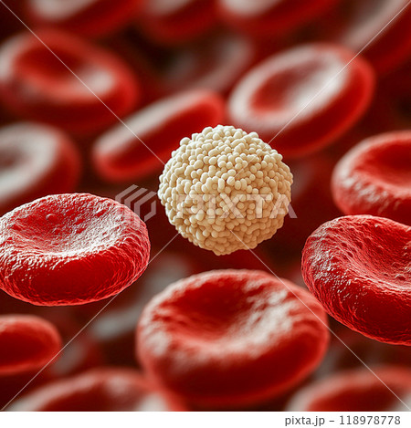 A white blood cell with a granular surface surrounded by many smooth red blood cells. 118978778