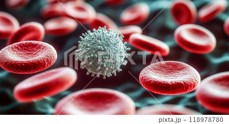 A white blood cell with a granular surface surrounded by many smooth red blood cells. 118978780