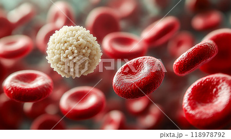 A white blood cell with a granular surface surrounded by many smooth red blood cells. 118978792