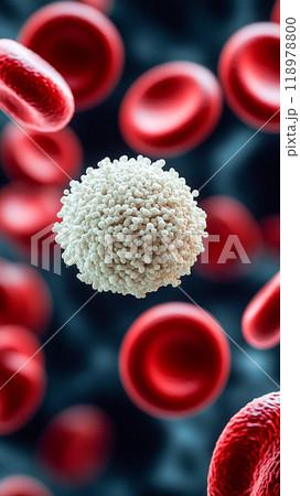 A white blood cell with a granular surface surrounded by many smooth red blood cells. 118978800