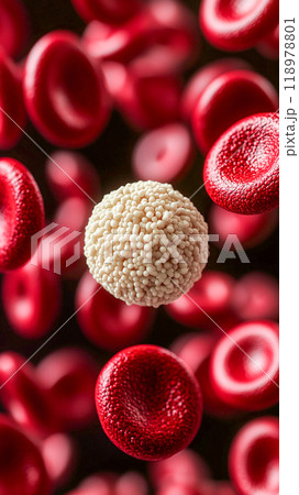A white blood cell with a granular surface surrounded by many smooth red blood cells. 118978801