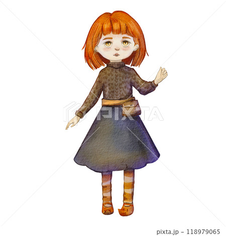 Watercolor illustration of a red-haired witch girl highlighted on a white background. The girl stands with her hand raised. Witchcraft for Halloween. It is suitable for autumn theme decoration. Watercolor illustration of a red-haired witch girl highlighted on a white background. The girl stands with her hand raised. Witchcraft for Halloween. It is suitable for autumn theme decoration. 118979065