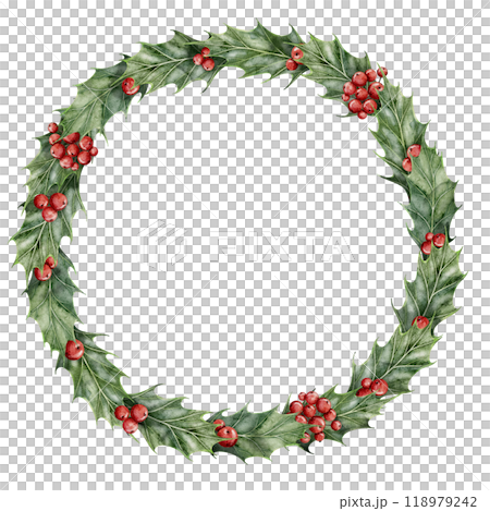 Watercolor Wreath with Holly berries and leaves. Illustration of traditional Christmas round Frame on isolated background for greeting cards or New Year invitations. Botanical template for postcards. 118979242