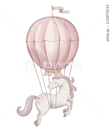 Unicorn flying on hot air balloon. Watercolor illustration of pink horse with horn for Baby shower greeting cards and girls nursery wall art. Drawing of dreamy mythical pony for childish invitations. 118979243
