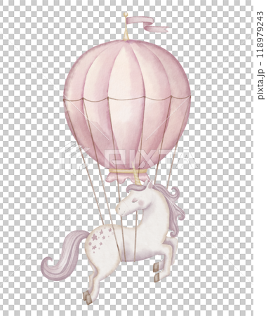 Unicorn flying on hot air balloon. Watercolor illustration of pink horse with horn for Baby shower greeting cards and girls nursery wall art. Drawing of dreamy mythical pony for childish invitations. 118979243