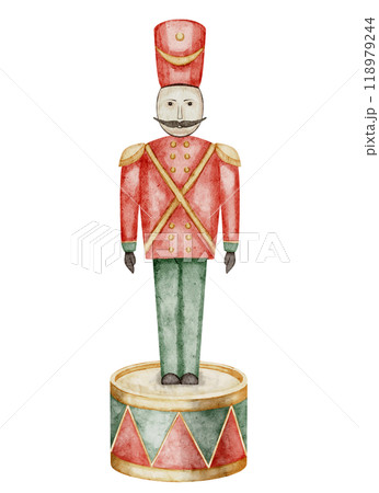 Soldier Toy on a drum watercolor illustration. Drawing of retro wooden Nutcrackers for Christmas greeting cards or New Year invitations. Childish element for Xmas Baby design. Art for postcards. 118979244